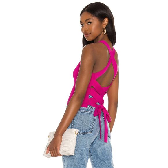 NBD Revolve Fuchsia Pink Tia Criss Cross Tie Back Ribbed Jersey Cut Out Top - Picture 1 of 10